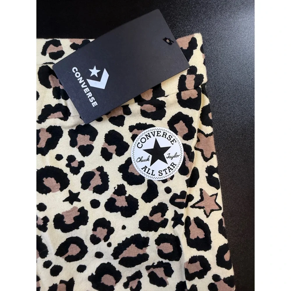Converse Girls Leopard Star Print Leggings Natural Tan Black L 12-13Y NWT J9